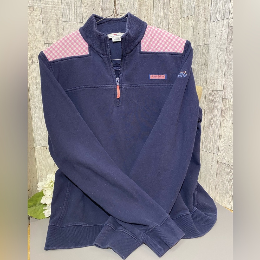 Vineyard Vines Navy Blue Shep Shirt With Pink Plaid Shoulder